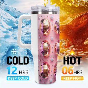 Vaso de acero inoxidable de 40 oz con asa y diseño de bola de discoteca rosa para uso en la oficina - Product Image 6