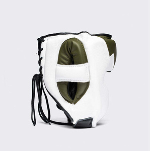 Casque de boxe en cuir PU, protection sportive unisexe pour adulte, fermeture à lacets, couleur olive et blanc uni - Product Image 3