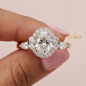 Bague de fiançailles ovale en diamant de laboratoire avec halo, diamant central ovale de 1,08 carat et pierres latérales rondes en forme de poire, en argent 925, pour mariage et fête - Product Image 2