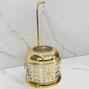 Round Stainless Steel Chafing Dish <b>Buffet</b> Food Warmer Gold Finish Ornate Pillar Stand Glass Lid Wedding Catering <b>Server</b> - Product Image 3