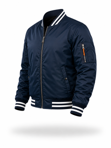 Blouson bomber bleu marine pour homme, col rabattu, fermeture éclair, style décontracté, matière polyester, vêtement d'automne - Product Image 3