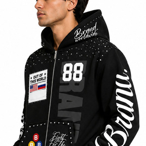 Wholesale Custom Luxury Rhinestones Graphic <b>Zip</b> up Hoodie Heavyweight Streetwear Men's Hoodies Private Label OEM ODM Manufacture - Product Image 5