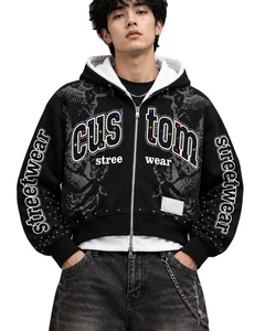 Custom Double Layered Zip Up Hoodie Men Rhinestone Graphic Heavyweight Cotton Vintage Y2K Angel Oversized <b>Punk</b> Streetwear <b>Jacket</b> - Product Image 3