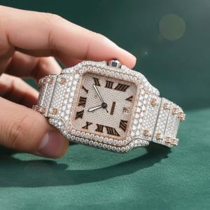 Reloj de Oro Rosa de Dos Tonos con Incrustaciones de Diamantes, Cuadrado, con Números Romanos, Mecánico Automático, Estilo Hip Hop, de Lujo, para Hombre, Joyería Premium - Product Image 2