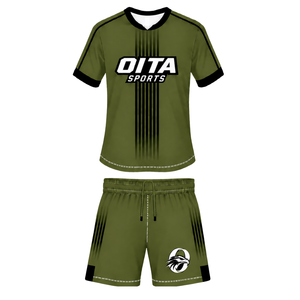 ชุดรักบี้สีเขียวมะกอก-ดำ เสื้อเจอร์ซีย์คอกลมแขนสั้นพร้อมกางเกงขาสั้นเข้าชุด ระบายอากาศได้ดี เหมาะสำหรับการฝึกซ้อมและการเล่นกีฬา - Product Image 1
