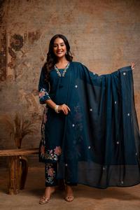 Elegant Peacock Green 60x60 Cotton Floral Embroidered <b>Kurta</b> Pant Dupatta Set for <b>Women</b> Traditional Party Wear - Product Image 1