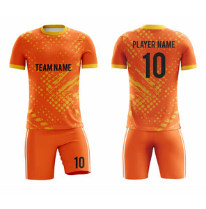 ชุดฟุตบอลแบบซับลิเมชั่นสั่งทำพิเศษสำหรับผู้ชาย เสื้อสีส้มเหลือง กางเกงขาสั้น ระบายเหงื่อได้ดี ทรงสปอร์ต พร้อมชื่อทีมและหมายเลขผู้เล่น 10 - Product Image 1