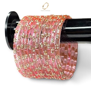 Ensemble de bracelets en verre rose Kashmiri effet goutte de pluie, design floral en cristal plaqué or étincelant pour bijoux de mariage en gros - Product Image 1