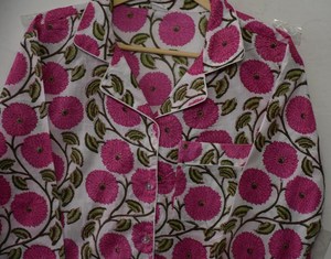 Conjunto de Pijama de Verano para Mujer, Elegante, Estampado Floral Rosa, de Algodón con Estampado a Mano, de Secado Rápido, Transpirable, de Longitud Completa - Product Image 5