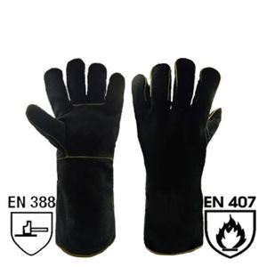 Guantes de Soldadura de Cuero de Ante Bovino Negro con Costuras de Kevlar, Forro Reforzado, Protección de Puño Largo Resistente al Calor - Product Image 1