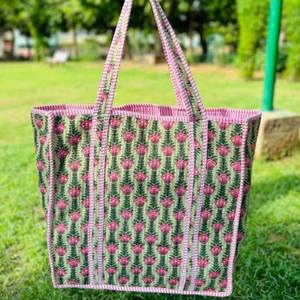 Bolso Tote de Algodón Acolchado Floral Hecho a Mano, Estilo Boho Indio, Reutilizable, para Compras, Bolso de Hombro, Bolso de Mercado para Uso Diario - Product Image 4