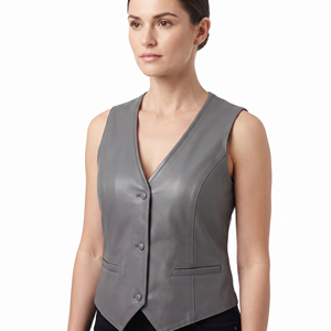 <b>Women</b> V-Neck Cowhide <b>Vest</b> Reversible Winter Fashion Button <b>Down</b> Sleeveless Polyester Waistcoat - Product Image 6