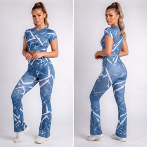 Wholesale Women's Printed <b>Flare</b> Leg Yoga 2 Piece Set Spandex Polyester Gym Fitness Crop Top <b>Flare</b> <b>Leggings</b> Yoga Workout Set - Product Image 4
