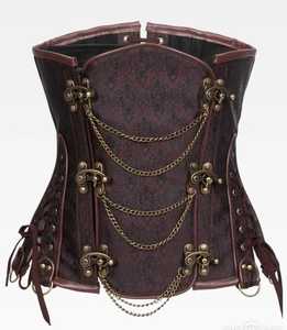 Women's Gothic Faux Leather Corset With Chain Red Brocade Fabric Shaper Breathable <b>Underbust</b> Corset Front Clasp and Chain Brown - Product Image 1