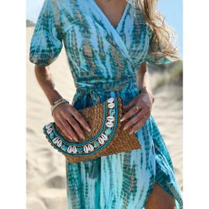 ชุดเดรสยาวสีน้ำเงินสไตล์โบฮีเมียนสำหรับผู้หญิง คอวี ผ่าสูง ลายพิมพ์ ชุดคาฟตันสำหรับใส่ไปเที่ยวทะเลหรือรีสอร์ทช่วงฤดูร้อน - Product Image 2