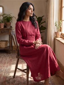 <b>Women</b> Burgundy Plain Cotton <b>Linen</b> Maxi <b>Dress</b> Full Sleeve High Waist O-Neck Casual Summer Solid Long <b>Dress</b> - Product Image 3
