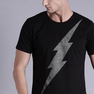Men's Black Short Sleeve T-<b>Shirt</b> With Gray Lightning Bolt Print O-Neck Regular Fit Casual Jersey Cotton Breathable - Product Image 3
