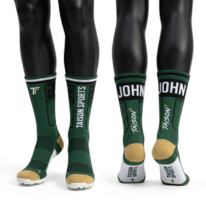 Premium 220 GSM Cotton Polyester Blend <b>Men</b> Cricket <b>Socks</b> <b>Green</b> Black Gold Panel Design Breathable Knit Custom Jacquard Logo - Product Image 1