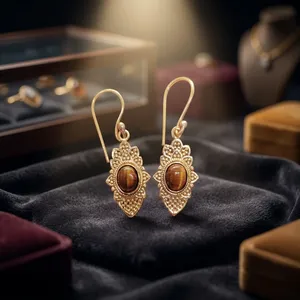 Boucles d'oreilles en laiton avec pierre précieuse œil de tigre |   Bijoux faits à la main |   Fournisseur en gros - Product Image 5