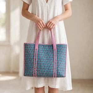 Bohemian Straw <b>Tote</b> Bag Women Blue Floral Pattern Summer <b>Beach</b> Shoulder Handbag <b>Beach</b> <b>Tote</b> Bag Floral Pattern Handbag Women - Product Image 1