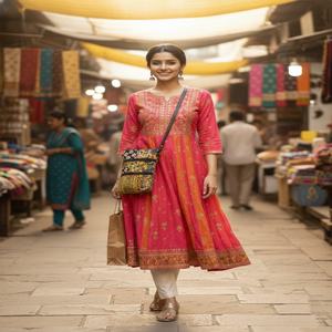 Bolso Bandolera Vertical de Patchwork Floral Color Índigo Mostaza, con Doble Cremallera, Suave, Duradero y Ligero, para Mujer - Product Image 2