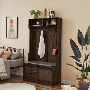Appendiabiti a colonna marrone scuro con scarpiera contenitore, mobile appendiabiti per camera da letto, soggiorno, parco, supermercato, palestra - Product Image 3