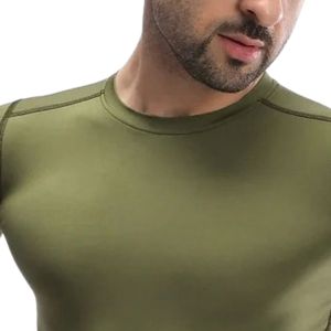 T-shirt de sport pour homme, vert olive, manches courtes, col rond, coupe ajustée, léger, pour la salle de sport, l'entraînement, la performance sportive - Product Image 2