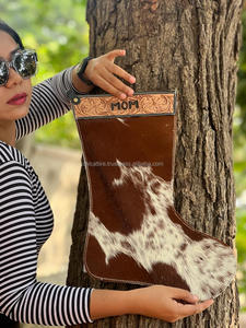 Newest 2024 Custom Name MOM 16 Inches Hand <b>Tooled</b> <b>Leather</b> Xmas Home Decoration Stocking Western Genuine Cowhide <b>Leather</b> Stocking - Product Image 3