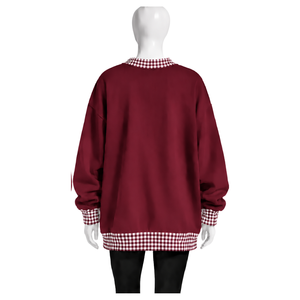 Mens <b>Maroon</b> Oversized Crewneck Sweatshirt With Gingham Checkered Trim Long Sleeve Graphic Print Pullover Casual Streetwear <b>Top</b> - Product Image 2