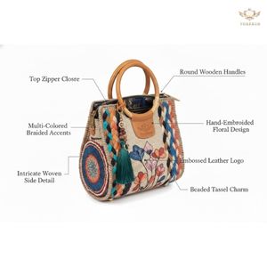 Wholesale Handmade Jute Handbag <b>Women</b> Floral Embroidery Boho <b>Purse</b> Vintage Wooden Handle Tote Bag Luxury Ethnic Fashion OEM ODM - Product Image 2