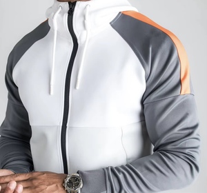Men's <b>White</b> Gray Orange Color Blocking <b>Tracksuit</b> Full Sleeve Hooded Zipper Front Sporty Casual SpringWear Side Pockets Regular - Product Image 4