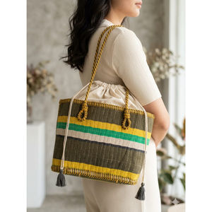 Sac fourre-tout en coton rayé doux fait main pour femme, sac à bandoulière imperméable avec poignée en cuir, sac de plage et de voyage écologique - Product Image 6