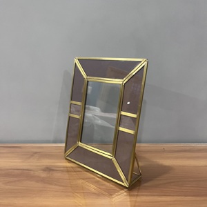 <b>Rectangular</b> Metal <b>Mirror</b> Frame With <b>Gold</b> Trim And Brown Glass Panels Vertical Design - Product Image 2