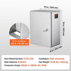 Armadio Elettrico NEMA 4X in Acciaio Inossidabile 16 X 12 X 8 Piedi IP67 Impermeabile e Antipolvere per Uso Esterno/Interno - Product Image 3