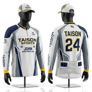 Maillot de tir en polyester interlock premium 180 GSM, design à panneaux blanc, gris et bleu marine, logo personnalisé par sublimation - Product Image 1