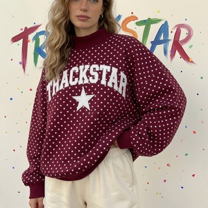 Women Oversized Mock Neck Sweatshirt Burgundy Star Print Trackstar Graphic Casual Long Sleeve Winter Pullover Streetwear - Product Image 1