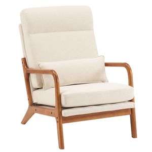 Poltrona Relax da Interno in Legno Massello con Schienale Alto, Struttura in Ferro e Meccanismo Reclinabile Manuale in Lino, Colore Bianco Sporco, per Soggiorno - Product Image 3