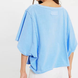 เสื้อยืดครอปโอเวอร์ไซส์สีชมพูสำหรับผู้หญิง ทรงหลวม คอโอ ไหล่ตก แขนครึ่งตัว ผ้าเจอร์ซีย์คอตตอนสีพื้น สำหรับฤดูใบไม้ผลิและฤดูร้อน - Product Image 5