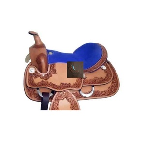 Western Tan <b>Leather</b> Floral Hand <b>Tooled</b> Barrel Racing Horse Saddle Flower Conchos Blue Suede Seat With Tack Set 10" 18" Inch - Product Image 3
