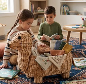 Handwoven Water Hyacinth Dog Shaped Storage <b>Basket</b> with Lid, Natural <b>Wicker</b> Animal Toy Organizer for Kids Room, Nursery Decor - Product Image 3