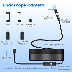 Endoscopio Industriale HD 1920P IP67 Impermeabile, 1 Pezzo, Doppia Lente 8+1, Sonda Semi-Rigida da 5m con Luce, Strumento di Ispezione Boroscopico - Product Image 2