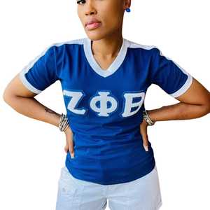 Zeta Chenille Premium V Neck Ringer Shirt Women Embroidery Logo Soft Cotton Casual Fit Short Sleeve Stylish Top - Product Image 2