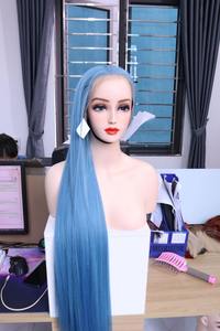 Peluca de Cabello Humano Vietnamita Liso y Sedoso, Color Azul Océano, con Frente de Encaje Recto, Sin Pegamento, Pre-Desplumada - Product Image 3