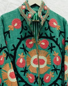 Veste à col mandarin brodée verte, manches longues, faite à la main, en laine et polyester, motif floral, pour femme, automne - Product Image 3