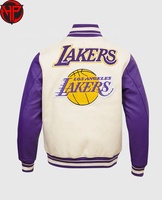 Veste de baseball pour homme avec logo des Lakers de Los Angeles, manches en cuir blanc et violet, broderie, veste bomber pour homme