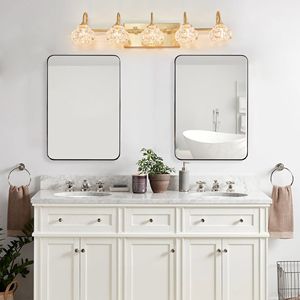 Lampada da Bagno Moderna in Cristallo da 29 Pollici, Elegante Illuminazione a Parete con 5 Applique Dorate e Paralumi in Vetro Trasparente - Product Image 2