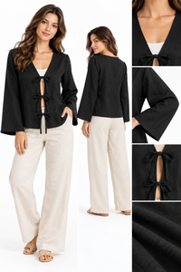 Conjunto de Top y Pantalones Anchos de Lino y Algodón Negro Sólido para Uso Diario, Camisa con Lazo Delantero, Atuendo Casual de Verano para Mujer - Product Image 5
