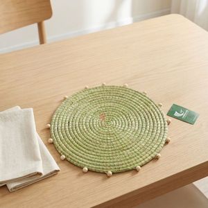 Coiled Handwoven Seagrass Round <b>Placemat</b> Green Stitched Wooden Bead Trim Heat-Resistant Customizable Boho Dining <b>Table</b> Charger - Product Image 2