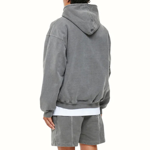 เสื้อฮู้ดดี้สีเทาแบบมีฮู้ด ปักลาย สกรีนโลโก้ ป้ายแบรนด์ส่วนตัว OEM  ตกแต่งขอบด้วยผ้าตัดกัน ทรงหลวม ไหล่ตก สำหรับผู้ชายและผู้หญิง - Product Image 3