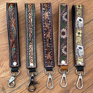 Professional Customization Women's Hand <b>Tooled</b> Leather Wristlet Keychains Cowhide Leather Key Strap Cowhide Carabiner Key <b>Clip</b> - Product Image 4